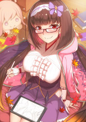 Rule 34 | 1girl, blush, book, bow, breasts, brown hair, commentary request, drawing, drawing tablet, fate/grand order, fate (series), floral print, glasses, gradient hair, hair bow, hairband, holding, holding stylus, hood, hoodie, indoors, kouzuki tsubasa (musou kaidou), large breasts, leaf, long hair, looking at viewer, maple leaf, miyamoto musashi (fate), multicolored hair, osakabehime (fate), purple bow, purple skirt, red-framed eyewear, red eyes, seiza, sitting, skirt, smile, solo, stuffed animal, stuffed toy, stylus, twintails, very long hair