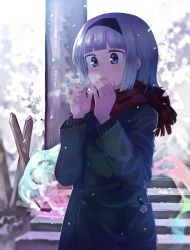 Rule 34 | 1girl, alternate costume, anarogumaaa, blue eyes, blunt bangs, breath, buttons, coat, cold, day, eyebrows, green coat, hairband, konpaku youmu, konpaku youmu (ghost), long sleeves, nail polish, open mouth, outdoors, pillar, pink nails, red scarf, scarf, short hair, silver hair, snow, snowing, solo, stairs, standing, touhou, upper body, winter clothes