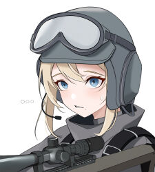 ... 1girl absurdres anti-materiel_rifle barrett_m82 blonde_hair blue_eyes commentary goggles goggles_on_headwear grey_jacket gun headset helmet highres jacket kagara mole mole_under_mouth original portrait rifle scope sniper_rifle solo sweatdrop weapon