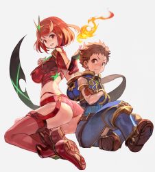 Rule 34 | 1boy, 1girl, :d, armor, ass, blush, bob cut, boots, breasts, brown eyes, brown hair, crossed arms, fire, full body, hands up, highres, lack, medium breasts, nintendo, nose blush, open mouth, pants, pyra (xenoblade), red eyes, red hair, red thighhighs, rex (xenoblade), short hair, short shorts, shorts, sideboob, smile, swept bangs, teeth, thighhighs, tiara, wavy mouth, xenoblade chronicles (series), xenoblade chronicles 2