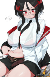 Rule 34 | ..., 1girl, artist self-insert, belly, belly grab, belt, black hair, blush, bra visible through clothes, breasts, collared shirt, dress shirt, glasses, grabbing, hair between eyes, highres, huge breasts, jacket, kashu (hizake), long sleeves, navel, necktie, open mouth, original, pinching, plump, red eyes, see-through, see-through shirt, shirt, short hair with long locks, sidelocks, simple background, skirt, solo, speech bubble, spoken ellipsis, thighs, weight conscious, white shirt