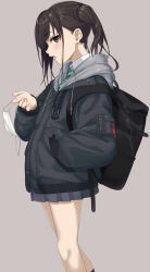 Rule 34 | 1girl, backpack, bag, black hair, brown eyes, collared shirt, feet out of frame, green neckwear, hand in pocket, highres, hood, hood down, hooded jacket, idolmaster, idolmaster cinderella girls, jacket, long hair, looking at viewer, mask, mole, mole under eye, mouth mask, open mouth, pleated skirt, profile, sharp teeth, shirt, simple background, skirt, solo, striped neckwear, sunazuka akira, surgical mask, teeth, twintails, unworn mask, wotori