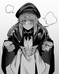Rule 34 | 1girl, absurdres, artoria caster (fate), artoria caster (second ascension) (fate), artoria pendragon (fate), beret, blush, breasts, buttons, cape, comic, double-breasted, dress, fate/grand order, fate (series), greyscale, hands on own hips, hat, highres, hxd, long hair, long sleeves, looking at viewer, monochrome, pout, small breasts, solo, thighs, twintails