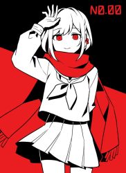 Rule 34 | 1girl, arm behind back, bow, braid, closed mouth, commentary, cosplay, flat color, hair bow, kagerou project, limited palette, long sleeves, looking at viewer, neckerchief, numbered, pleated skirt, project sekai, puffy long sleeves, puffy sleeves, red background, red bow, red eyes, red scarf, red theme, scarf, school uniform, serafuku, shinonome ena, shirt, skirt, smile, solo, tateyama ayano, tateyama ayano (cosplay), waka (wk4444), white hair, white neckerchief, white shirt, white skirt