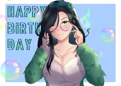 Rule 34 | 1girl, absurdres, algorhythm project, breasts, closed mouth, commentary request, evalia (algorhythm project), flower, glasses, green jacket, hair flower, hair ornament, happy birthday, highres, jacket, long hair, long sleeves, medium breasts, multicolored hair, rose, smile, solo, tank top, virtual youtuber, white tank top, y0tchi, yellow eyes