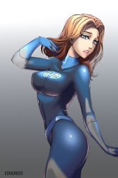 Rule 34 | 1girl, artist request, ass, belt, blonde hair, blue eyes, bodysuit, breasts, covered navel, fantastic four, gloves, gradient background, hand in own hair, highres, lips, long hair, looking at viewer, marvel, medium breasts, shiny clothes, skin tight, solo, sue storm, susan storm