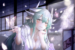 Rule 34 | 1girl, aqua hair, architecture, blush, breasts, bug, butterfly, cleavage, commentary request, dragon girl, dragon horns, east asian architecture, fate/grand order, fate (series), fuu (fuore), hair between eyes, hair ornament, head rest, highres, horns, insect, japanese clothes, kimono, kiyohime (fate), large breasts, long hair, looking at viewer, lying, moon, night, night sky, on stomach, open mouth, sidelocks, sky, solo, tree, white kimono, yellow eyes