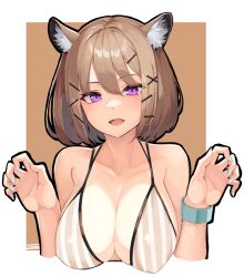 Rule 34 | 1girl, animal ear fluff, animal ears, arknights, bikini, blue nails, bracelet, breasts, brown background, brown hair, cleavage, hair between eyes, hair ornament, hairclip, hands up, highres, idashige (walkietalkie), jewelry, large breasts, looking at viewer, nail polish, official alternate costume, purple eyes, short hair, simple background, solo, striped bikini, striped clothes, swimsuit, upper body, utage (arknights), utage (summer flowers) (arknights), x hair ornament