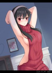 Rule 34 | 1girl, :o, alternate costume, arms up, backless outfit, bare arms, black hair, blurry, blurry background, blush, breasts, dated, gecotan, hairband, highres, indoors, large breasts, long hair, looking at viewer, meme attire, parted lips, picture frame, red eyes, red sweater, short hair with long locks, sideboob, sidelocks, solo, spy x family, sweater, television, turtleneck, turtleneck sweater, virgin killer sweater, white hairband, yor briar