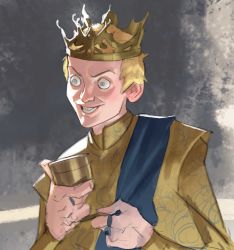 Rule 34 | a song of ice and fire, absurdres, blonde hair, blue eyes, crazy eyes, crazy smile, crown, cup, game of thrones, highres, joffrey baratheon, ramon nunez, short hair, smile