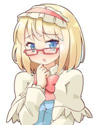 Rule 34 | 1girl, :o, alice margatroid, arnest, bespectacled, blonde hair, blue dress, blue eyes, blush, bow, bowtie, capelet, commentary request, dress, frilled hairband, frills, glasses, hairband, hand up, lolita hairband, long sleeves, looking at viewer, looking over eyewear, parted lips, red-framed eyewear, red bow, red bowtie, red hairband, shirt, short hair, simple background, solo, touhou, upper body, white background, white capelet, white shirt, wing collar