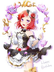 Rule 34 | 1girl, :d, bad id, bad pixiv id, black neckwear, detached collar, detached sleeves, flower, happy birthday, hat, hat flower, highres, looking at viewer, love live!, love live! school idol festival, miniskirt, musical note, musical note print, nishikino maki, open mouth, petals, print headwear, print skirt, purple eyes, purple flower, purple rose, red flower, red hair, rose, short hair, skirt, smile, solo, standing, strapless, swept bangs, wal---dg7sdr-0128, white background, white sleeves, wing collar, wrist cuffs