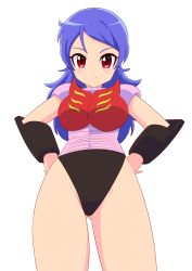Rule 34 | 1girl, absurdres, armor, armored leotard, ass, blue hair, blush, breastplate, breasts, female focus, fumiki rikiya, garada k7, hands on own hips, highleg, highleg leotard, highres, large breasts, leotard, long hair, looking at viewer, open mouth, red eyes, robot girls z, shiny skin, simple background, smile, solo, standing, thighs, thong leotard, wide hips