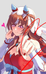 Rule 34 | 1girl, animal ears, blush, breasts, brown hair, commentary request, detached sleeves, fingernails, hair ornament, harakomeshi, heart, heart-shaped pupils, highres, horse girl, portrait, reaching, reaching towards viewer, red eyes, simple background, small breasts, smile, solo, still in love (umamusume), string, string of fate, symbol-shaped pupils, umamusume, white background