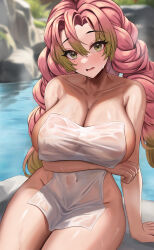 Rule 34 | 1girl, absurdres, arm under breasts, blurry, blurry background, blush, breasts, cleavage, collarbone, commentary, covered navel, covering privates, gradient hair, green eyes, grey hair, highres, kanroji mitsuri, kimetsu no yaiba, large breasts, long hair, looking at viewer, mole, mole under each eye, mole under eye, multicolored hair, multiple moles, naked towel, nude cover, onedoo, outdoors, parted lips, pink hair, sitting, smile, solo, symbol-only commentary, thighs, towel, twintails