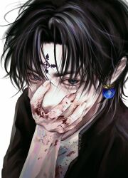 Rule 34 | 1boy, black hair, black jacket, blood, blood on clothes, blood on face, blood on hands, blue eyes, chrollo lucilfer, cross tattoo, earrings, facial mark, facial tattoo, forehead mark, forehead tattoo, glowing, glowing earrings, highres, hunter x hunter, jacket, jewelry, looking at viewer, male focus, nwocp, open clothes, open jacket, shirt, short hair, simple background, solo, tattoo, teardrop, upper body, white background, white shirt