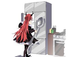 Rule 34 | 1girl, arknights, female focus, holding, holding spoon, horns, jacket, kitchen, long hair, meme, parody, refrigerator, refrigerator interior, solo, spoon, stove, suprii, surtr (arknights), thighhighs