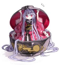 Rule 34 | 1girl, ^^^, absurdly long hair, bowl, bowl hat, hat, highres, in bowl, in container, japanese clothes, kimono, long hair, long sleeves, looking at viewer, mini person, minigirl, obi, open mouth, purple hair, red eyes, red kimono, sash, simple background, smile, solo, standing, sukuna shinmyoumaru, toosaki, touhou, very long hair, white background, wide sleeves