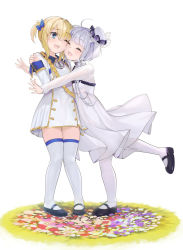 Rule 34 | 2girls, :d, ;d, ^ ^, aged down, aiguillette, anchor, anchor necklace, azur lane, black footwear, blonde hair, blue bow, blue eyes, blush, bow, cheek-to-cheek, closed eyes, coat dress, collared dress, commentary, dress, field, flower, flower field, full body, gold trim, grass, hair between eyes, hair bow, hair intakes, hair ornament, hand up, hat, heads together, hug, jewelry, knees together feet apart, lace-trimmed headwear, lace trim, little illustrious (azur lane), little renown (azur lane), loafers, long hair, long sleeves, looking at another, low twintails, marble (marblesized), multiple girls, necklace, one eye closed, one side up, open mouth, pantyhose, see-through, see-through sleeves, shoes, short hair, sidelocks, simple background, smile, standing, standing on one leg, thighhighs, twintails, white background, white dress, white hair, white headwear, white legwear, zettai ryouiki, |d