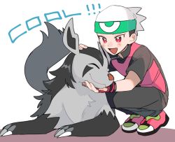Rule 34 | 1boy, :d, affectionate, bad id, bad twitter id, beanie, blush stickers, brendan (pokemon), bright pupils, closed eyes, commentary request, creatures (company), fingernails, game freak, gen 3 pokemon, happy, hat, male focus, mightyena, momotose (hzuu xh4), nintendo, open mouth, pants, petting, pokemon, pokemon (creature), pokemon adventures, red eyes, shoes, short sleeves, smile, squatting, tongue, white background, white headwear, white pupils, wristband