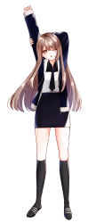 Rule 34 | 1girl, :&lt;, arms up, bad id, bad pixiv id, black footwear, black jacket, black necktie, black skirt, black socks, blush, brown eyes, brown hair, collared shirt, dress shirt, full body, hair between eyes, head tilt, highres, jacket, kneehighs, long hair, long sleeves, mamel 27, necktie, one eye closed, open clothes, open jacket, original, parted lips, pencil skirt, sandals, shirt, simple background, skindentation, skirt, sleeves past wrists, socks, solo, standing, stretching, triangle mouth, very long hair, white background, white shirt