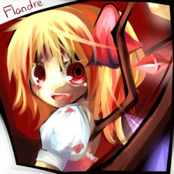 Rule 34 | 1girl, bad id, bad pixiv id, blonde hair, blood, blouse, character name, female focus, flandre scarlet, from side, kirisame1224, red eyes, ribbon, shirt, solo, touhou, white shirt, wings