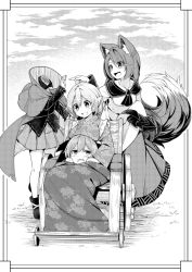 Rule 34 | 3girls, animal ear fluff, animal ears, breast rest, breasts, breasts on head, brooch, cape, disembodied head, fang, fins, grass root youkai network, greyscale, head fins, headless, imaizumi kagerou, japanese clothes, jewelry, kimono, lap pillow, leaf print, long sleeves, medium breasts, miniskirt, monochrome, multiple girls, open mouth, pleated skirt, print kimono, sandals, sekibanki, skin fang, skirt, smile, tail, tamahana, touhou, wakasagihime, wheelchair, wolf ears, wolf tail