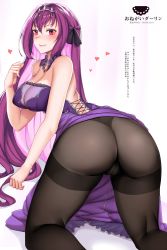 Rule 34 | 1girl, all fours, ass, bad hands, bad perspective, bare shoulders, blush, breasts, cameltoe, dress, fate/grand order, fate (series), from behind, hanada yanochi, heart, large breasts, long hair, looking at viewer, panties, panties under pantyhose, pantyhose, purple dress, purple hair, red eyes, scathach (fate), scathach skadi (fate), shiny skin, smile, solo, thong, underwear, very long hair