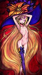 Rule 34 | 1girl, abigail williams (fate), abigail williams (second ascension) (fate), absurdres, armpits, arms up, blonde hair, blonde pubic hair, bow, bow legwear, commentary request, crossed legs, emaciated, fate/grand order, fate (series), feet out of frame, female pubic hair, flat chest, glowing, glowing eyes, gluteal fold, hat, hat bow, highres, keyhole, large hat, long hair, multiple hat bows, navel, nazo no diaboro, nude, orange bow, pink eyes, polka dot, polka dot bow, pubic hair, purple hat, pussy, red background, ribs, single thighhigh, skinny, solo, thigh gap, thighhighs, third eye, tongue, tongue out, very long hair, watson cross, witch hat