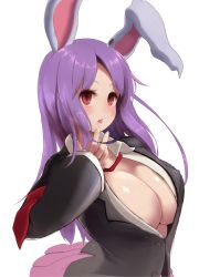 Rule 34 | 1girl, animal ears, black jacket, blush, breasts, cleavage, collared shirt, commentary request, highres, jacket, large breasts, long hair, looking at viewer, necktie, onakon 3-nichi-me, open clothes, open jacket, open shirt, parted bangs, pink skirt, purple hair, rabbit ears, red eyes, red necktie, reisen udongein inaba, shirt, skirt, solo, tongue, tongue out, touhou, upper body, white shirt