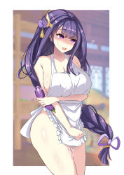 Rule 34 | 1girl, :d, after masturbation, apron, bad id, bad pixiv id, bare arms, bare shoulders, blurry, blurry background, blush, border, braid, breasts, cleavage, collarbone, covering privates, covering crotch, cowboy shot, depth of field, eggplant, embarrassed, flying sweatdrops, food, frilled apron, frills, genshin impact, hair ornament, hair ribbon, highres, holding, holding food, large breasts, long hair, looking away, looking to the side, mole, mole under eye, naked apron, nose blush, open mouth, outside border, purple eyes, purple hair, purple ribbon, pussy juice, raiden shogun, ribbon, signature, single braid, smile, solo, very long hair, white apron, white border