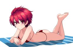 Rule 34 | 1girl, absurdres, aikir (jml5160), ass, barefoot, bikini, blush, breasts, collarbone, highres, large breasts, looking at viewer, lying, on stomach, original, red bikini, red eyes, red hair, short hair, simple background, smile, solo, swimsuit, white background