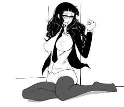 Rule 34 | 1girl, between breasts, black hair, blunt bangs, bottomless, breasts, breasts out, buchou (houkago play), cardigan, eu03, glasses, greyscale, houkago play, large breasts, long hair, monochrome, necktie, nipples, no bra, no shoes, open clothes, open shirt, puffy nipples, shirt, sitting, solo, thighhighs, tongue, wavy hair
