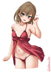 Rule 34 | 1girl, aqua eyes, babydoll, bare shoulders, breasts, brown hair, collarbone, cowboy shot, cropped legs, crotch, ebifurya, highres, kantai collection, kumano (kancolle), long hair, navel, one-hour drawing challenge, open mouth, panties, ponytail, red babydoll, red panties, simple background, small breasts, smile, solo, stomach, strap slip, twitter username, underwear, white background