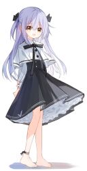 Rule 34 | 1girl, :d, arm behind back, arm grab, barefoot, black bow, black skirt, bow, brown eyes, capelet, commentary request, full body, hair between eyes, highres, long hair, long sleeves, looking at viewer, open mouth, original, pleated skirt, puffy long sleeves, puffy sleeves, purple hair, shadow, shirt, simple background, skirt, smile, solo, standing, two side up, very long hair, white background, white capelet, white shirt, yuuhagi (amaretto-no-natsu)
