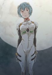 Rule 34 | 1girl, arms at sides, ayanami rei, blue hair, bodysuit, breasts, cowboy shot, expressionless, highres, interface headset, looking ahead, monodevil, moon, neon genesis evangelion, pilot suit, plugsuit, red eyes, short hair, skinny, small breasts, solo, standing, thigh gap, white bodysuit