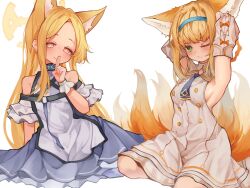 aimu_(yazidmubarok_07) animal_ears arknights armpits arms_up bare_shoulders blonde_hair blue_archive blue_dress blue_hairband breasts closed_mouth clothing_cutout cosplay costume_switch detached_sleeves dress extra_ears finger_to_mouth fox_ears fox_girl fox_tail frilled_sleeves frills green_eyes hairband halo hashtag-only_commentary highres infection_monitor_(arknights) kitsune kyuubi long_hair long_sleeves looking_at_viewer multiple_tails one_eye_closed red_eyes seia_(blue_archive) short_dress short_hair short_sleeves shoulder_cutout shushing sideless_dress simple_background sitting small_breasts suzuran_(arknights) tail white_background white_dress white_sleeves yellow_halo