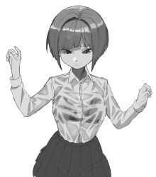 Rule 34 | 1girl, bra, closed mouth, covered collarbone, eric ueda, fingernails, grey background, greyscale, looking down, monochrome, original, see-through, shirt tucked in, short hair, simple background, skirt, solo, underwear, wet, wet clothes