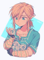 Rule 34 | 1boy, artist name, blonde hair, blue background, blue eyes, blue shirt, border, brown gloves, closed mouth, collarbone, earrings, eating, food, gloves, hair between eyes, hair ornament, hands up, holding, holding food, jewelry, link, looking down, loz 017, male focus, nintendo, outside border, pointy ears, ponytail, purple border, shirt, short hair, short ponytail, short sleeves, sidelocks, simple background, solo, the legend of zelda, the legend of zelda: breath of the wild