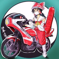 Rule 34 | 1girl, adapted costume, baseball cap, boots, delinquent, detached sleeves, female focus, hair tubes, hakurei reimu, hat, highres, japanese clothes, mask, meganomegane, miko, motor vehicle, motorcycle, mouth mask, solo, surgical mask, touhou, vehicle