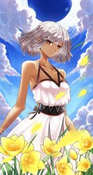 Rule 34 | 1girl, absurdres, altera (fate), bare shoulders, casul, cloud, cloudy sky, collarbone, commentary, dark skin, dark-skinned female, day, dress, english commentary, fate/grand order, fate (series), flower, grey hair, highres, huge filesize, long dress, looking at viewer, petals, red eyes, short hair, sky, sleeveless, sleeveless dress, smile, solo, tattoo, yellow flower