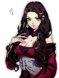 Rule 34 | 1girl, bare shoulders, breasts, brown hair, cleavage, closed mouth, datcravat, detached sleeves, dorothea arnault, dress, earrings, fire emblem, fire emblem: three houses, green eyes, hand on own chest, highres, jewelry, large breasts, long hair, looking at viewer, nintendo, red dress, unfinished
