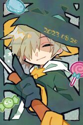 Rule 34 | 1boy, blending, candy, closed eyes, closed mouth, doradorakingyo, food, green hat, green robe, grey hair, hair over one eye, hat, highres, holding, holding wand, hooded robe, index finger raised, lemres (puyopuyo), lollipop, macaron, male focus, puyopuyo, puyopuyo fever, robe, short hair, solo, swirl lollipop, wand, witch hat, wrapped candy