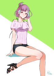 Rule 34 | 1girl, alternate hair length, alternate hairstyle, bad id, bad pixiv id, black ribbon, black shorts, green background, hand in own hair, high heels, looking at viewer, macross, macross delta, mikumo guynemer, multicolored hair, off-shoulder shirt, off shoulder, one side up, pote-mm, purple hair, red eyes, ribbed shirt, ribbon, shirt, short hair, short shorts, short sleeves, shorts, smile, solo, streaked hair, two-tone hair, white background, white shirt