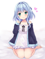Rule 34 | 1girl, arm at side, barefoot, black ribbon, blue hair, blue jacket, blush, bright pupils, closed mouth, collarbone, commentary request, dress, frilled dress, frills, full body, green eyes, hair intakes, hamidashi creative, hand up, happy, heart, jacket, looking at viewer, miyako (mongcocoa), nishiki asumi, open clothes, open jacket, ribbon, short dress, short hair with long locks, sidelocks, simple background, single bare shoulder, sitting, sleeves past wrists, smile, solo, split mouth, straight-on, tsurime, wariza, white background, white dress