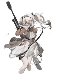 Rule 34 | 1girl, absurdres, anti-materiel rifle, bare shoulders, black bow, black gloves, bolt action, bow, breasts, cropped legs, dark-skinned female, dark skin, dress, eyepatch, feet out of frame, gloves, grey eyes, grey hair, gun, hair bow, hair intakes, hair ornament, hairclip, highres, long hair, looking at viewer, medium breasts, one eye covered, original, pantyhose, rifle, shisantian, simple background, sketch, sleeveless, sleeveless dress, sniper rifle, solo, steyr hs .50, twintails, weapon, white background, white dress, white pantyhose
