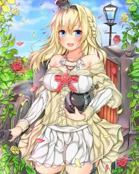 Rule 34 | 10s, 1girl, blonde hair, blue eyes, braid, breasts, crown, dress, flower, french braid, garter straps, globus cruciger, hairband, highres, jewelry, kantai collection, lamppost, large breasts, long hair, mini crown, necklace, off-shoulder dress, off shoulder, pikacchi, plant, rose, solo, thighhighs, throne, vines, warspite (kancolle), zettai ryouiki