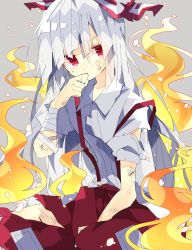 Rule 34 | 1girl, bandaged arm, bandages, bow, bruise, bruise on face, collared shirt, commentary, covered mouth, covering own mouth, feet out of frame, fire, fujiwara no mokou, hair bow, hand over own mouth, highres, injury, long hair, looking at viewer, nikorashi-ka, pants, red bow, red eyes, red pants, shirt, sitting, solo, suspenders, suspenders slip, suspension, torn bow, torn clothes, torn pants, torn shirt, torn sleeves, touhou, two-tone bow, white bow, white hair, white shirt