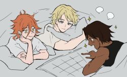 3boys alternate_costume antenna_hair black_hair blonde_hair blue_eyes bunet_(fire_emblem) dark-skinned_male dark_skin fire_emblem fire_emblem_engage fogado_(fire_emblem) highres messy_hair multiple_boys nintendo oda32t orange_hair pandreo_(fire_emblem) sleepover speech_bubble yellow_eyes