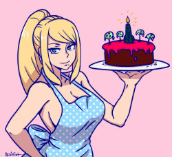 Rule 34 | 1girl, akairiot, apron, aqua eyes, blonde hair, breasts, cake, candle, cleavage, food, hand on own hip, large breasts, long hair, looking at viewer, metroid, metroid (creature), mole, mole under mouth, naked apron, nintendo, pink background, ponytail, samus aran, sideboob, simple background, solo, tray, unmoving pattern, upper body